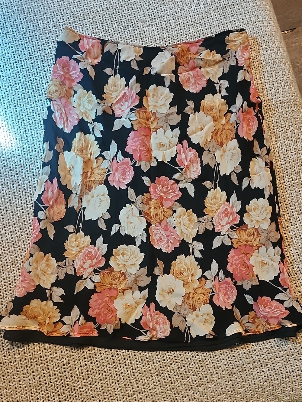 Vintage-Inspired Floral A-Line Skirt - Black with Pink & Cream Roses